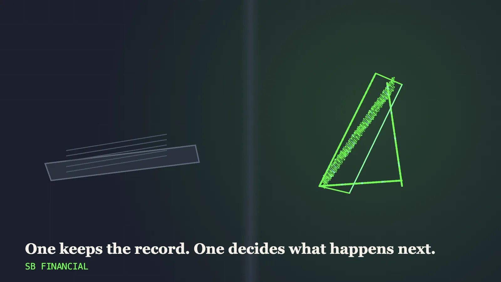 A flat financial statement on a desk beside the same page rebuilt from green particles into an upright folded structure