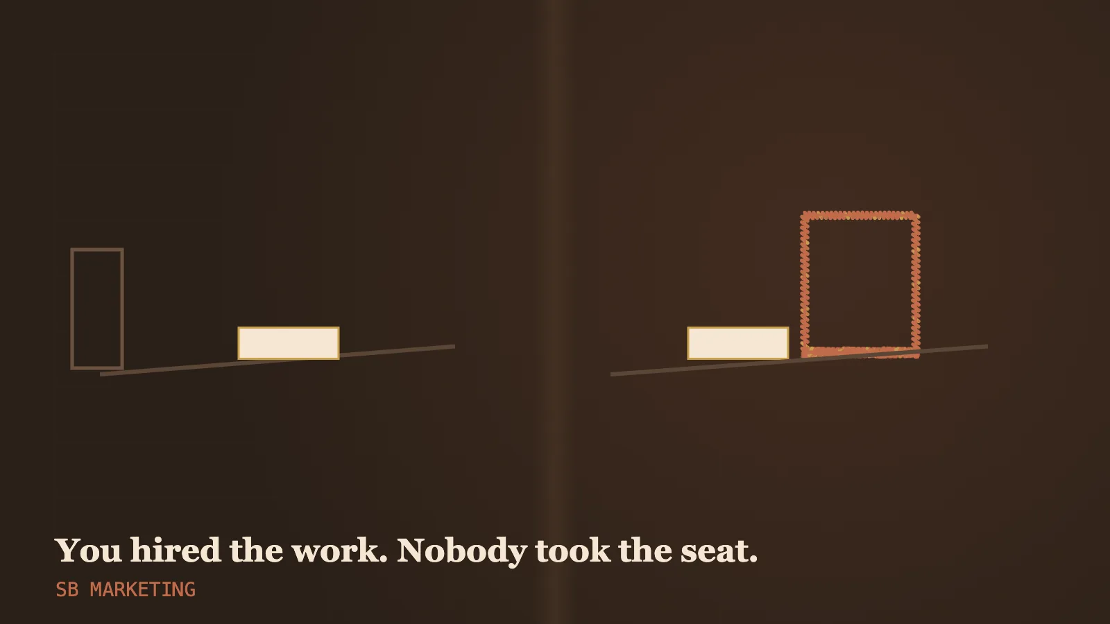 A meeting room with one chair and a report, beside the same room with a second chair built from terracotta particles facing it