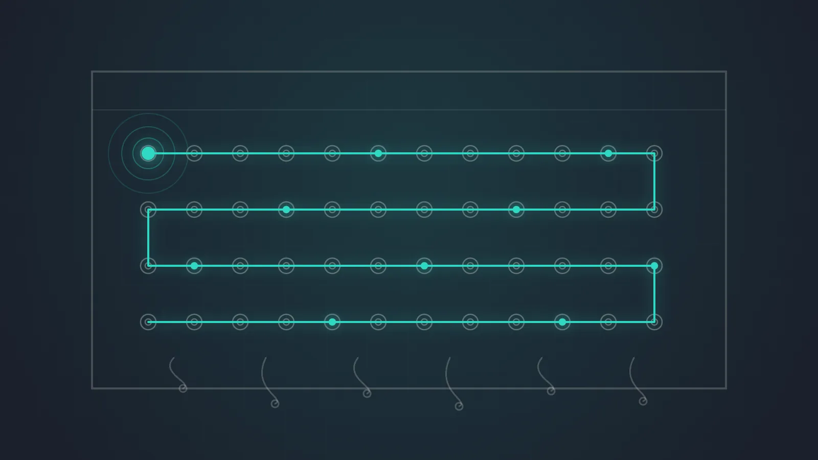 An old manual telephone switchboard with patch cords hanging loose, one continuous glowing teal line routing cleanly from a single jack to every other