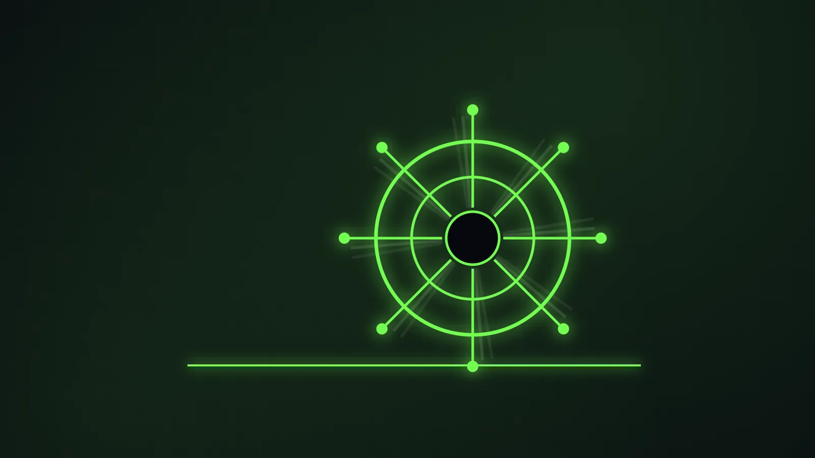 A ship's helm steadied onto a glowing green heading