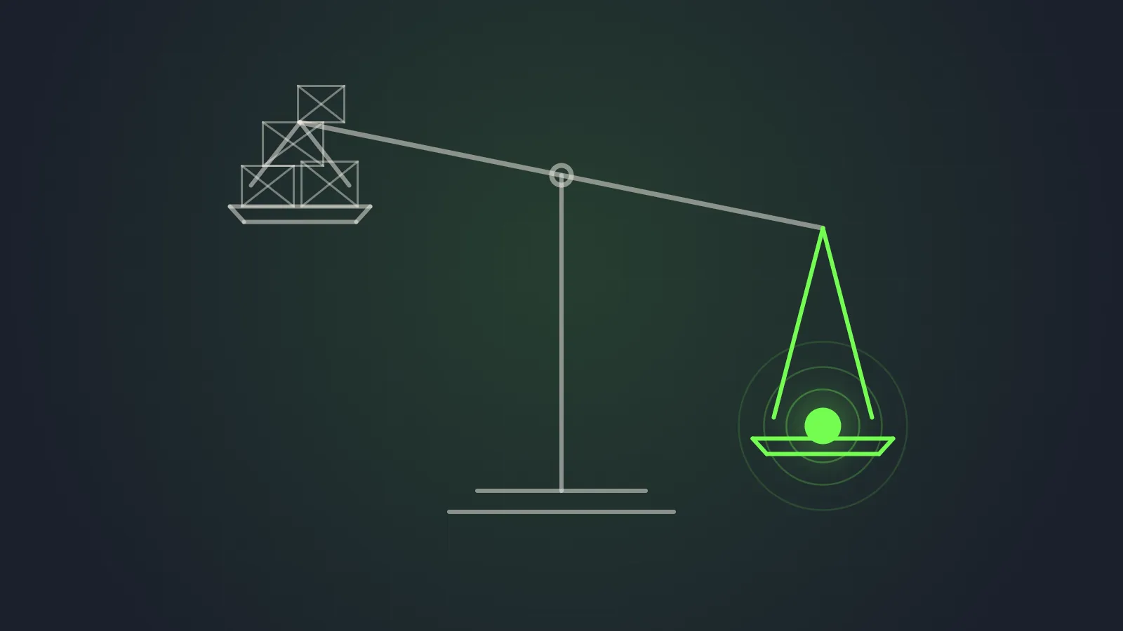 A brass balance scale on dark navy: a pan piled with crated equipment sits high, outweighed by a single small coin glowing green