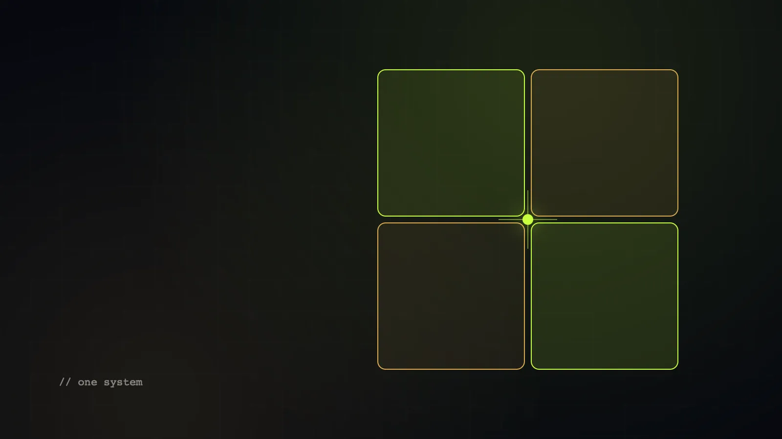 Four interlocking blocks forming one system, connected at a single glowing point
