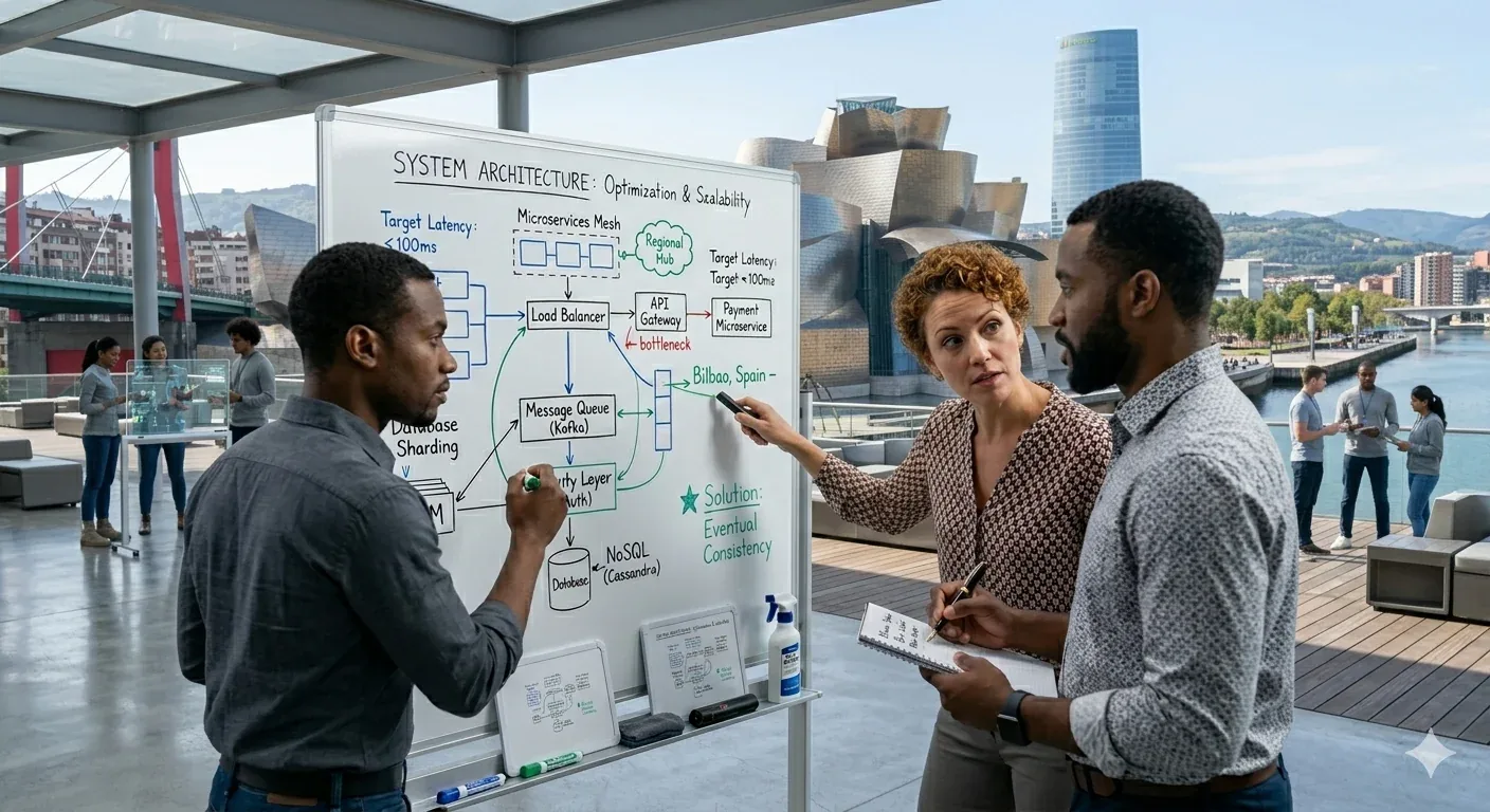 Francis and the team mapping a system architecture on a whiteboard, Bilbao waterfront behind them