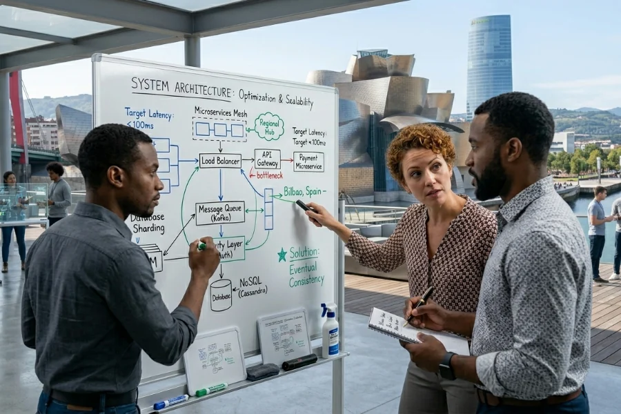 Team mapping system architecture on a whiteboard, Bilbao waterfront behind