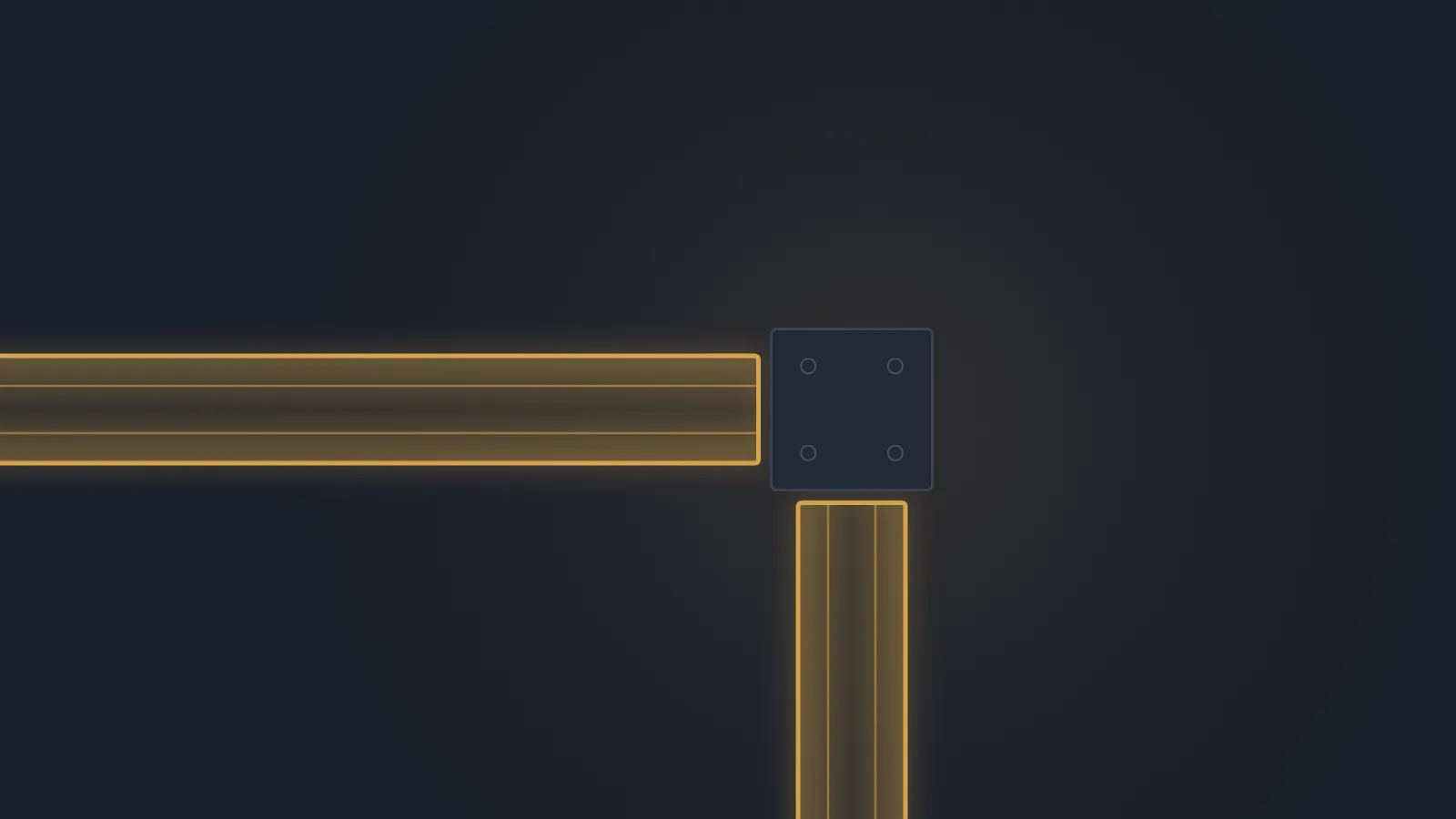 Two amber-lit steel beams meeting at a joint whose connecting plate was never finished