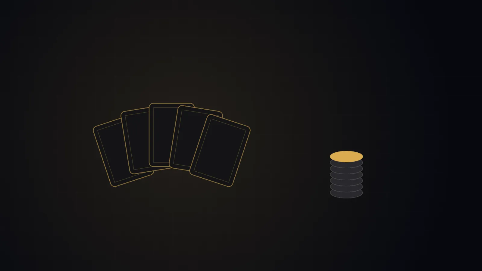 A fanned poker hand held face-down, chips stacked in shadow
