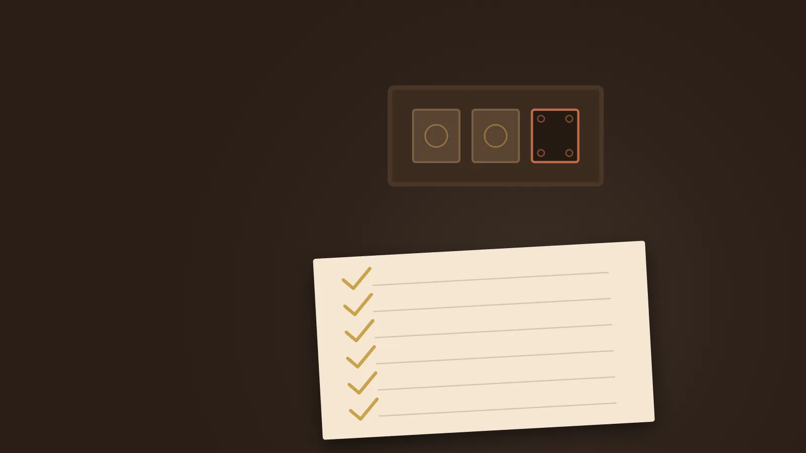 A checklist ticked in gold beside a mechanism with one component missing from its seat