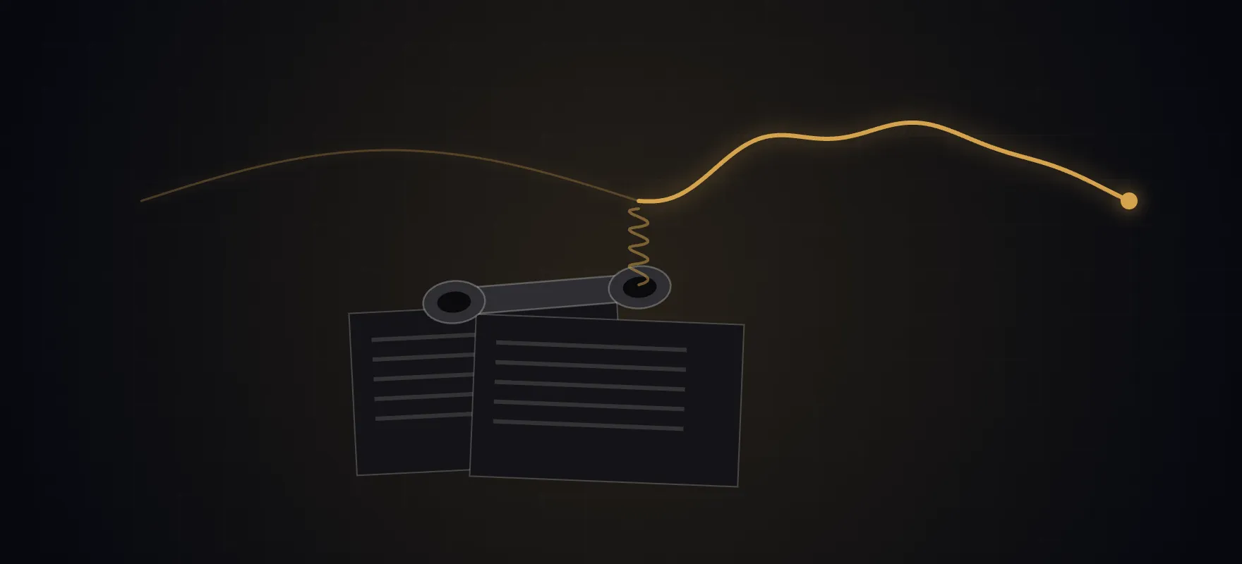 A rotary handset on deal paperwork, its cord resolving into an amber signal line