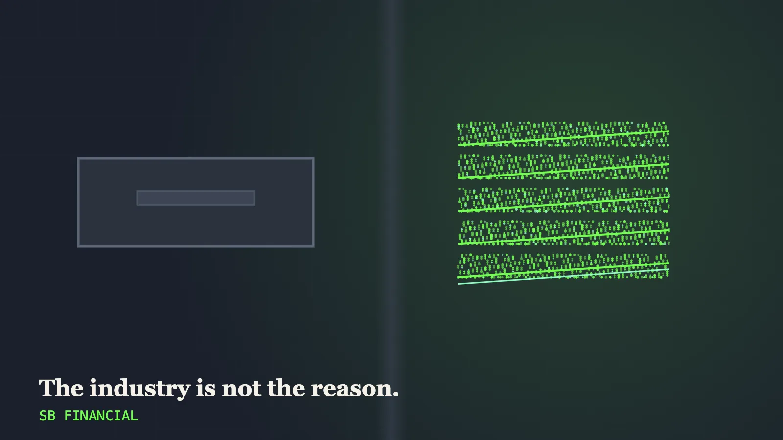 A closed manila application folder beside the same folder rebuilt from green particles standing open with squared pages