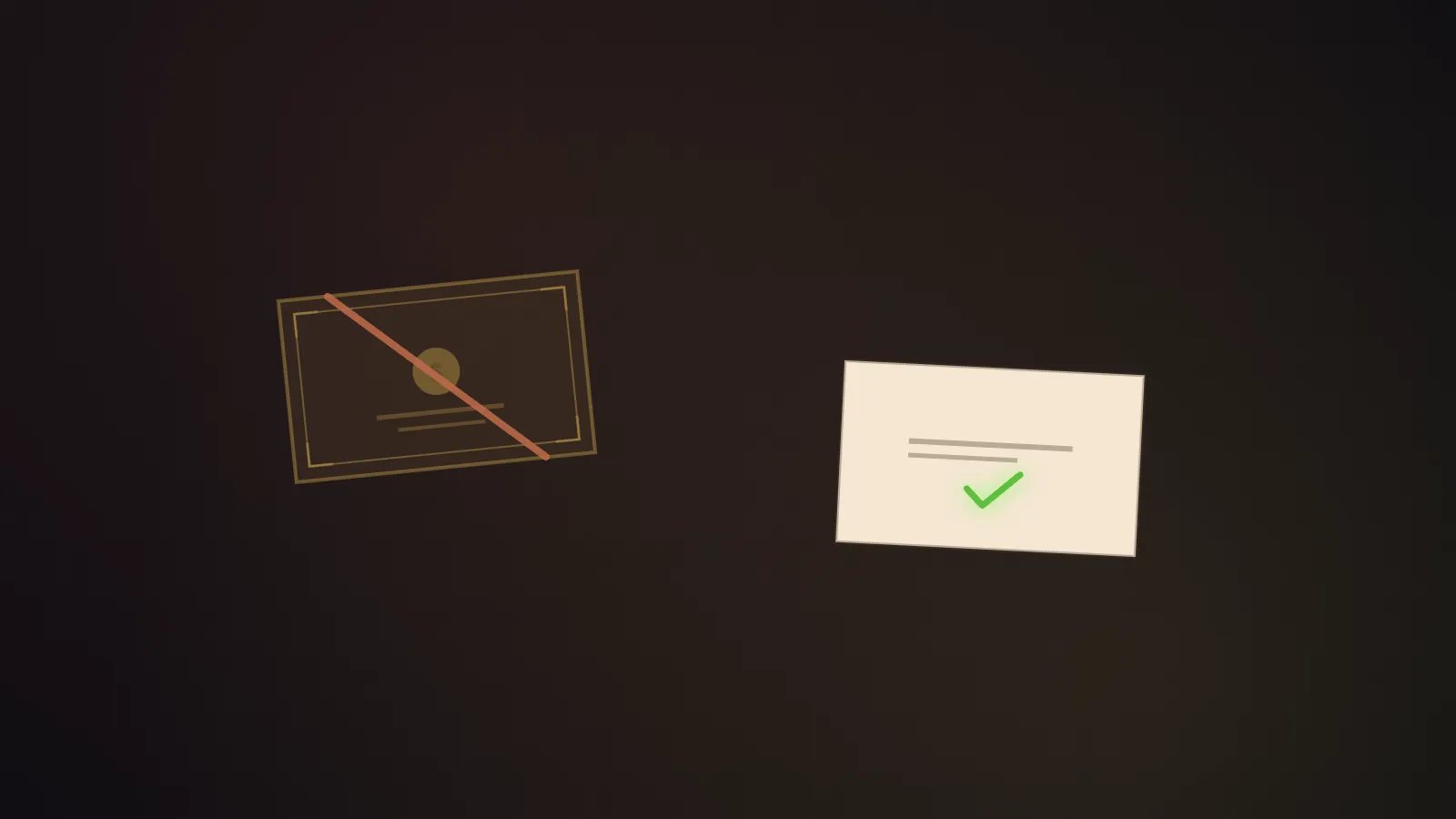 An ornate gold card declined beside a plain card accepted with a glowing checkmark