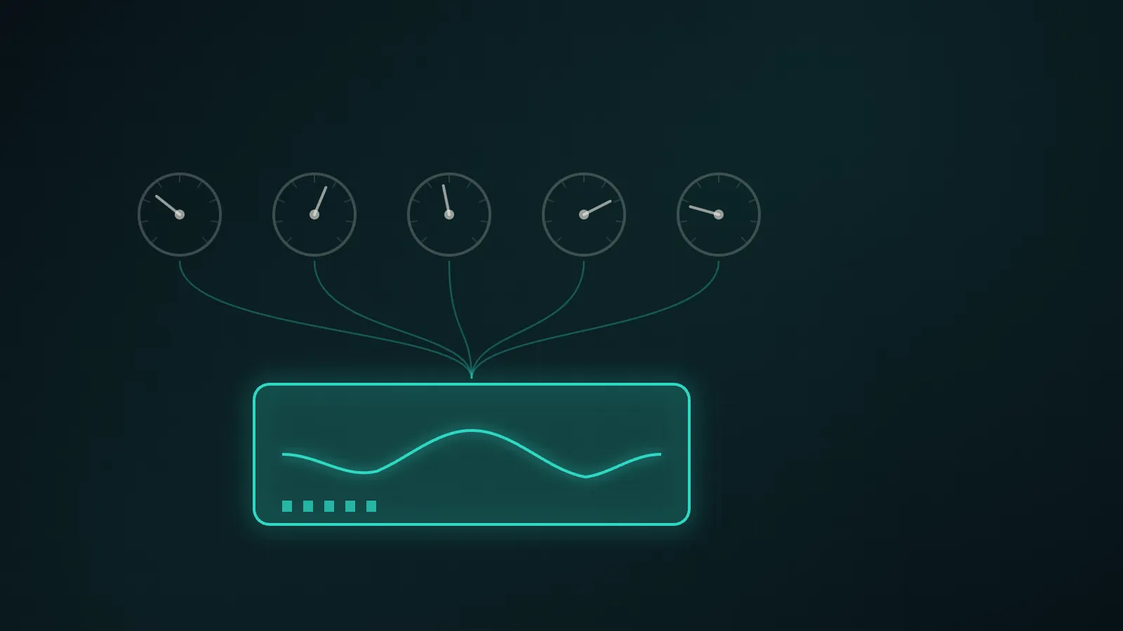 Five mismatched gauges converging into one unified teal display
