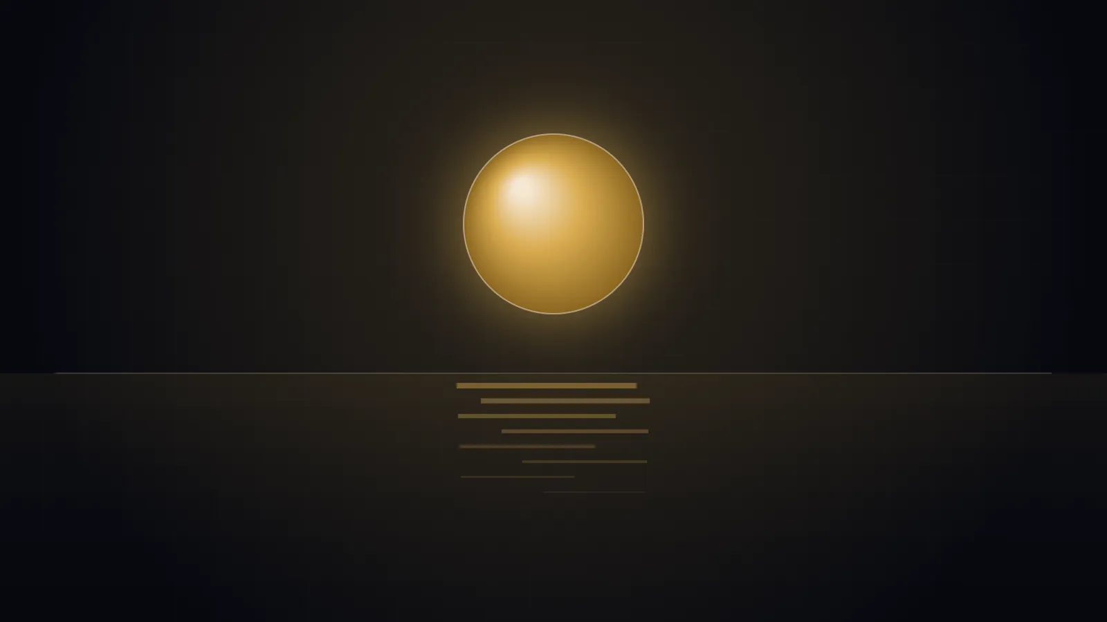 A gold sphere above still water, its reflection fracturing